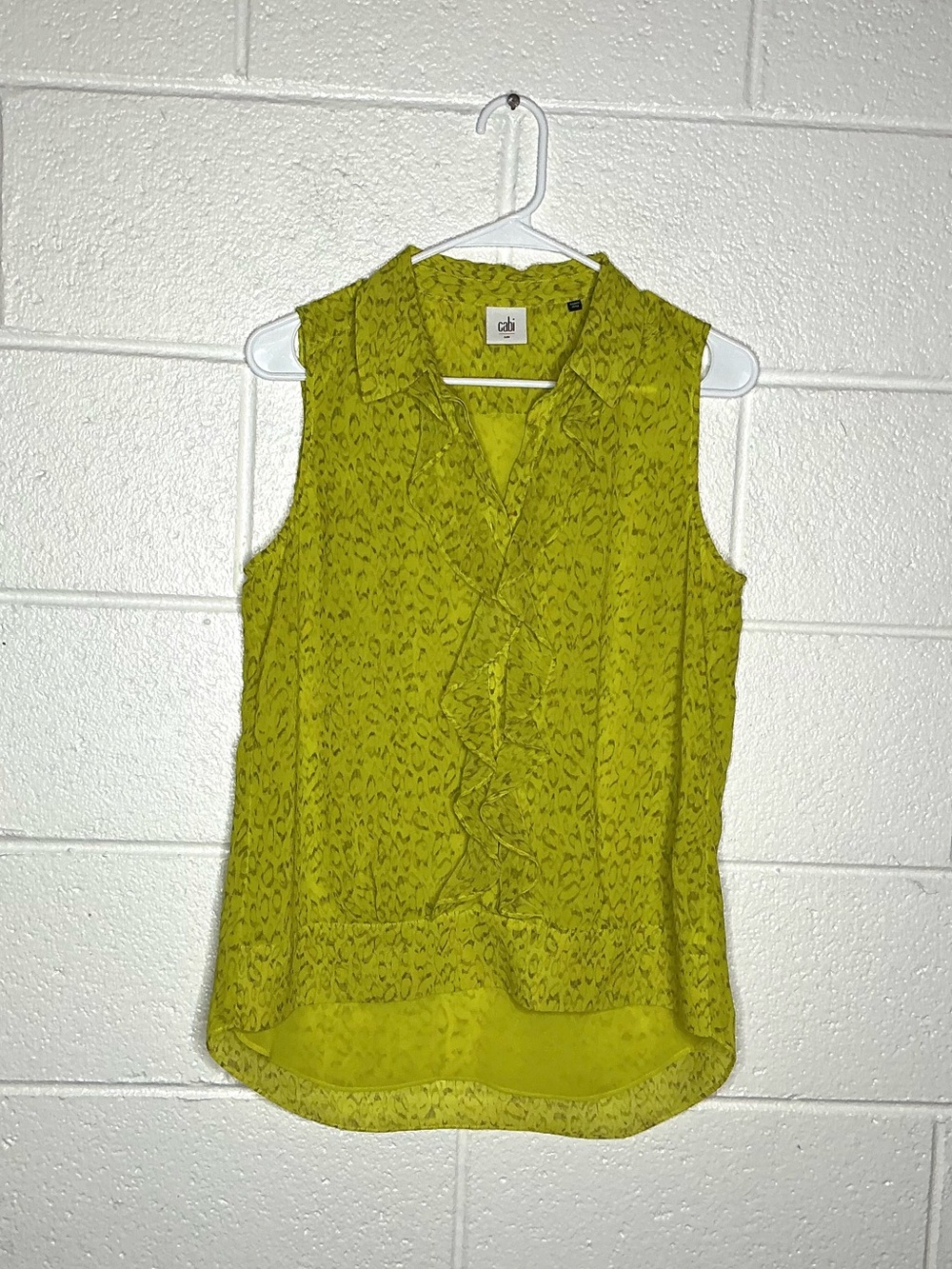 < Cabi Reign Chartreuse Ruffled Sleeveless High-Low Blouse >